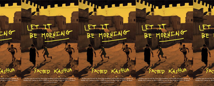 the book cover for Let It Be Morning, featuring an orange-hued photograph of children running in a road
