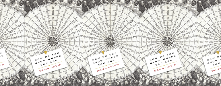 the book cover for Now Do You Know Where You Are, featuring a black and white illustration of angels surrounding a wheel with Latin written on it