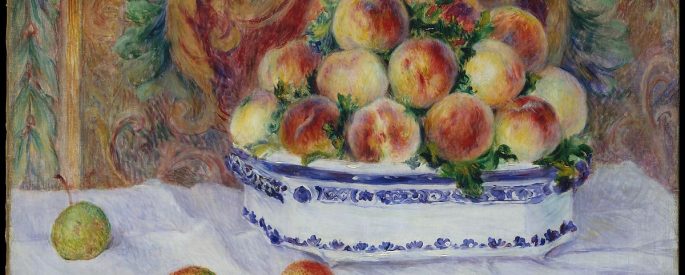 a painting of peaches in a white and blue china bowl against an opulent background
