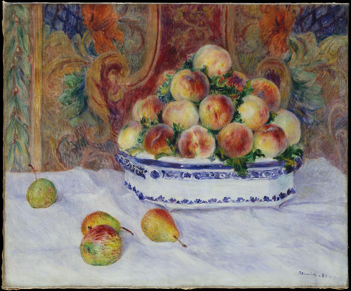 a painting of peaches in a white and blue china bowl against an opulent background
