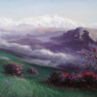 a painting of flowering bushes on a grassy mountainside with large, snow-covered mountains and clouds in the background