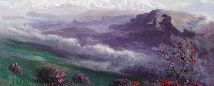 a painting of flowering bushes on a grassy mountainside with large, snow-covered mountains and clouds in the background