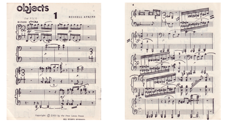 Página uno (izquierda) y página seis (derecha) de Objects for Piano. Atkins inserta muchos símbolos accidentales, cambios de compás, nuevas teclas indicadas y marcas dinámicas en su composición, creando la apariencia de una página llena de marcas negras).