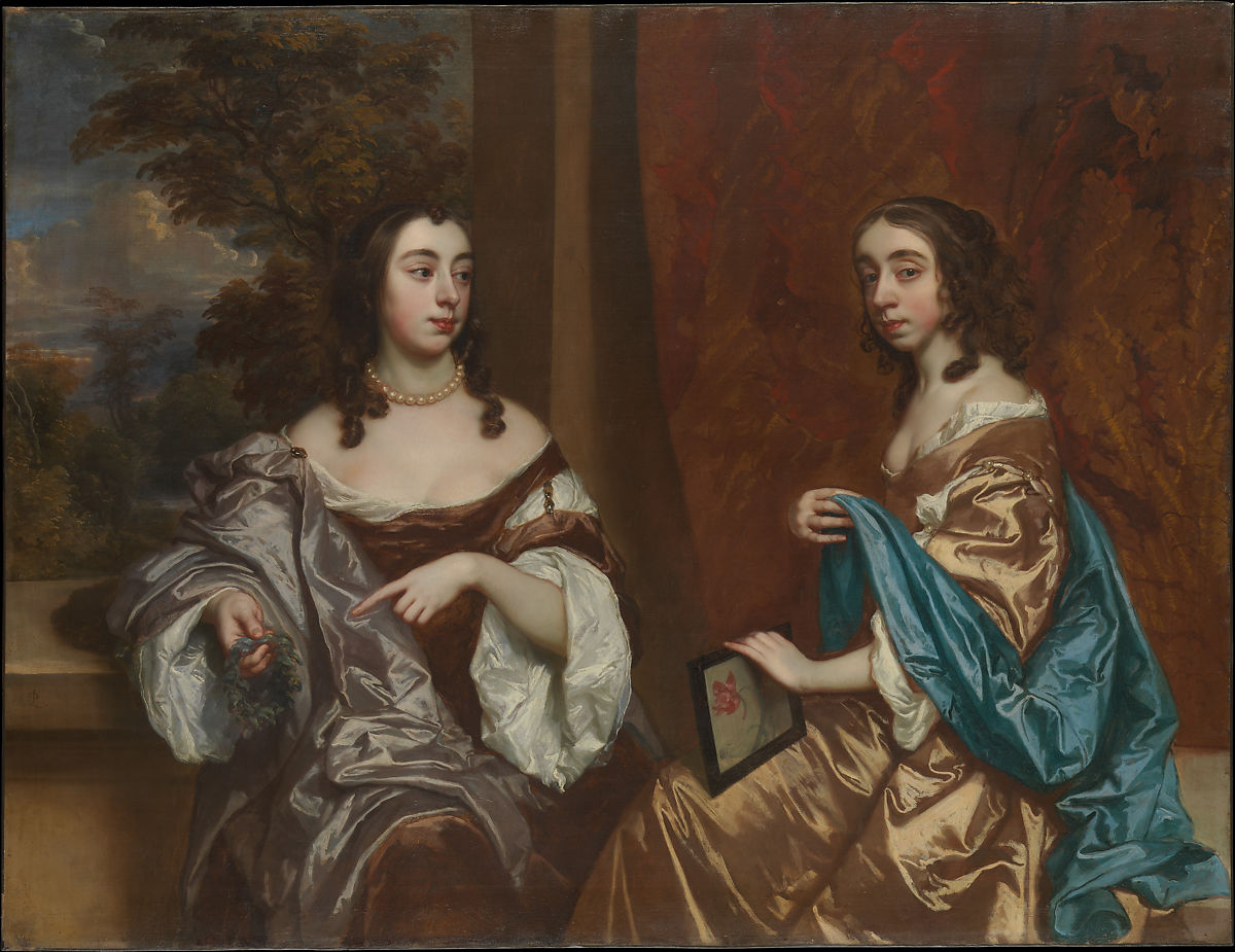 a painting of two women in decadent dresses, one of whom is looking at the viewer and the other of whom is looking at her sister
