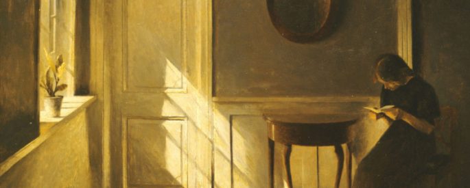 a painting of a woman in a yellow-tinged room standing in a corner with a small book in her hands