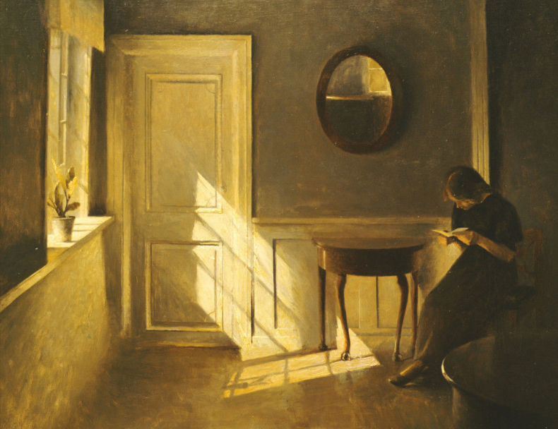 a painting of a woman in a yellow-tinged room standing in a corner with a small book in her hands