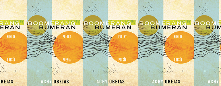the book cover for Boomerang / Bumerán, featuring two orange circles and some wavy lines made of dots