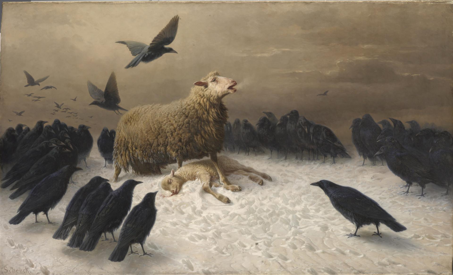 una pintura de una oveja parada en la nieve sobre el cuerpo de un cordero con un asesinato de cuervos rodeándolo