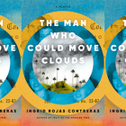 the book cover for The Man Who Could Move Clouds, featuring a blue and yellow circle over a photograph of palm trees against a cloudy sky