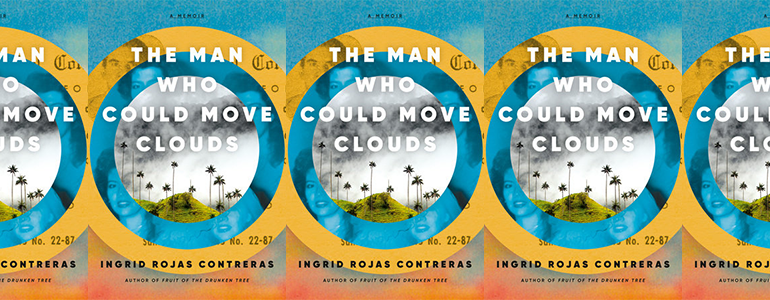 La portada del libro El hombre que podía mover nubes, con un círculo azul y amarillo sobre una fotografía de palmeras contra un cielo nublado.