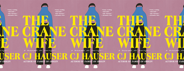 the book cover for The Crane Wife, featuring an illustration of a person standing with a turtleneck over their face against a pink background