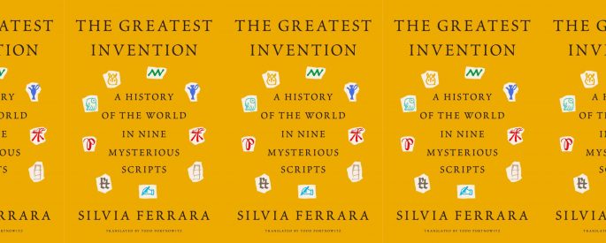 the book cover for The Greatest Invention, featuring some linguistic characters against an orange background