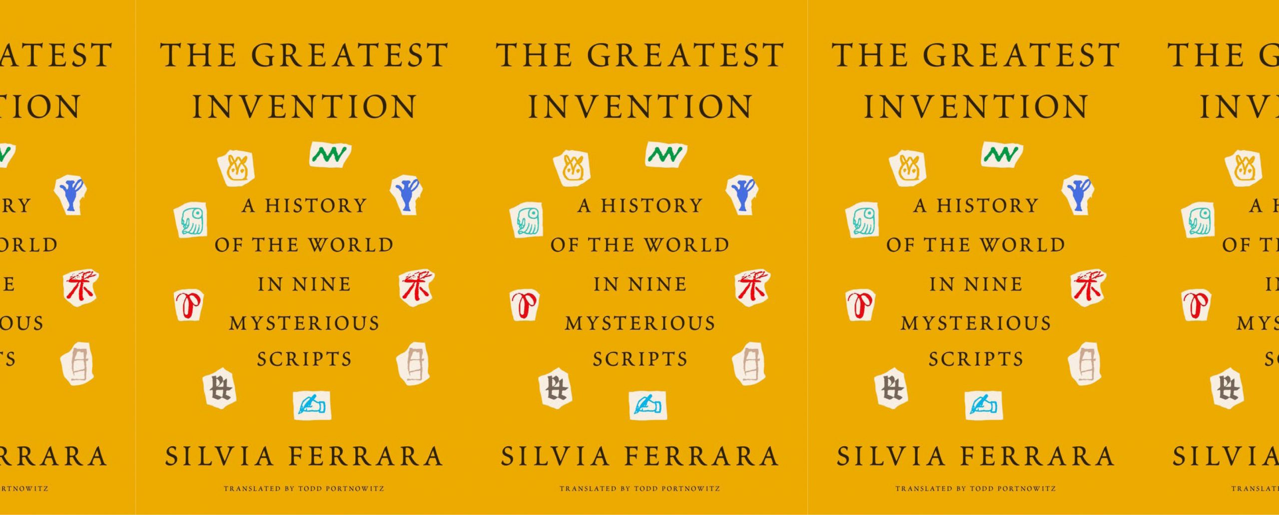 la portada del libro El mayor invento, con algunos caracteres lingüísticos sobre un fondo naranja