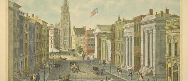 a painting of a city street from the 1800s