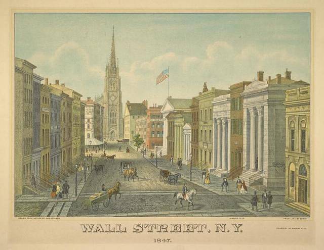 una pintura de una calle de la ciudad de la década de 1800