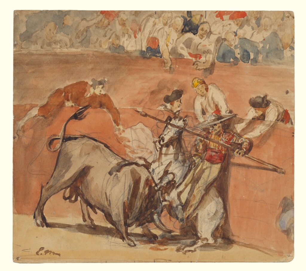 a painting of a bull pushing a man on a horse into an arena wall