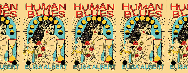 the book cover for Human Blues, featuring a tarot card-like illustration of a woman, an angel, a sand timer, and the phases of the moon
