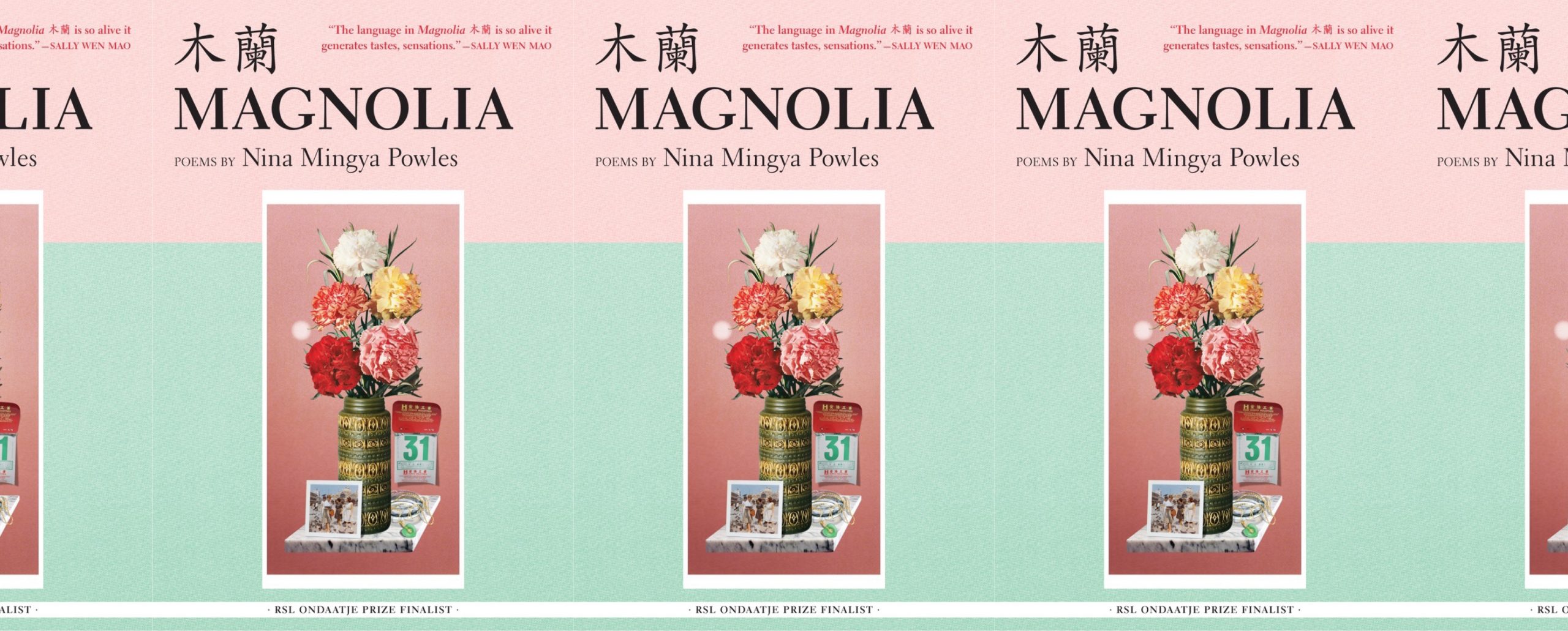 la portada del libro de Magnolia 木蘭, que presenta una pintura de flores en un jarrón con una página de calendario, una fotografía y un brazalete al lado