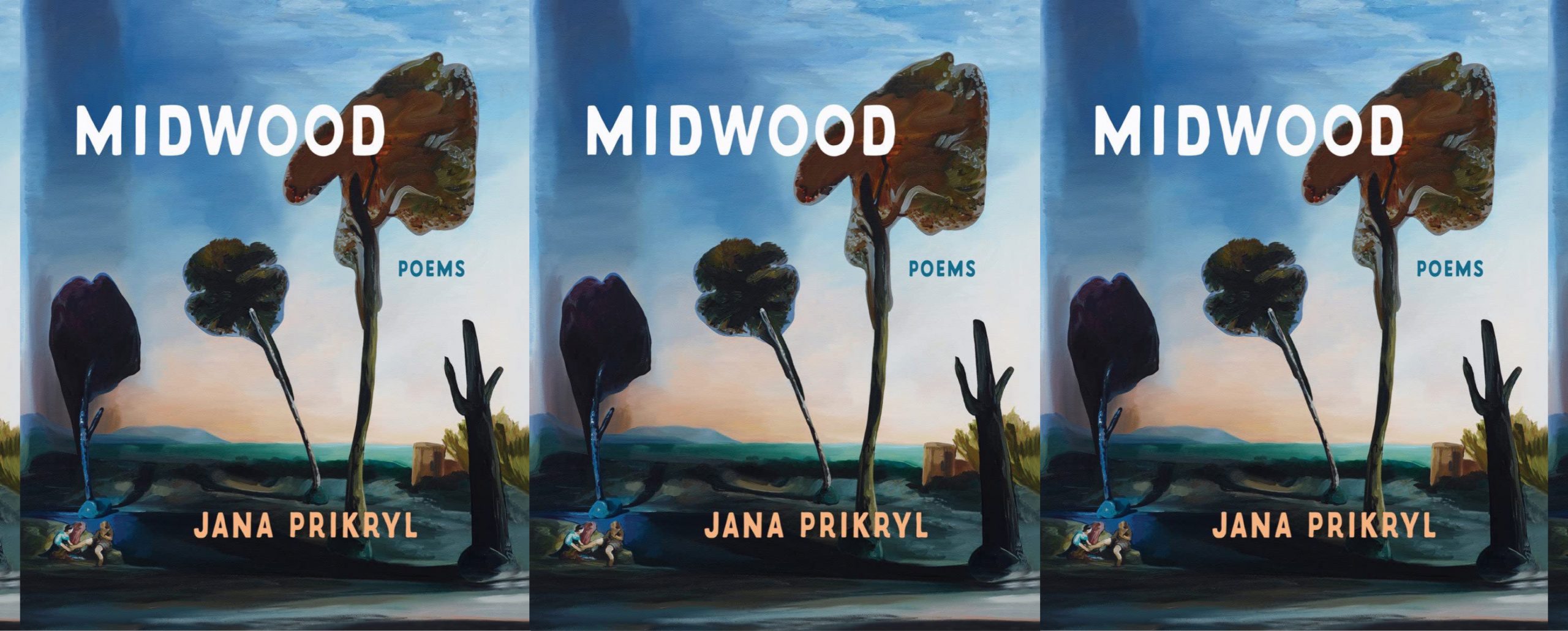 the book cover for Midwood, featuring a painting of two people sitting under very tall trees