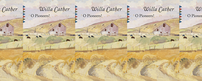 the book cover for O Pioneers!, featuring a painting of a farmhouse set in the plains