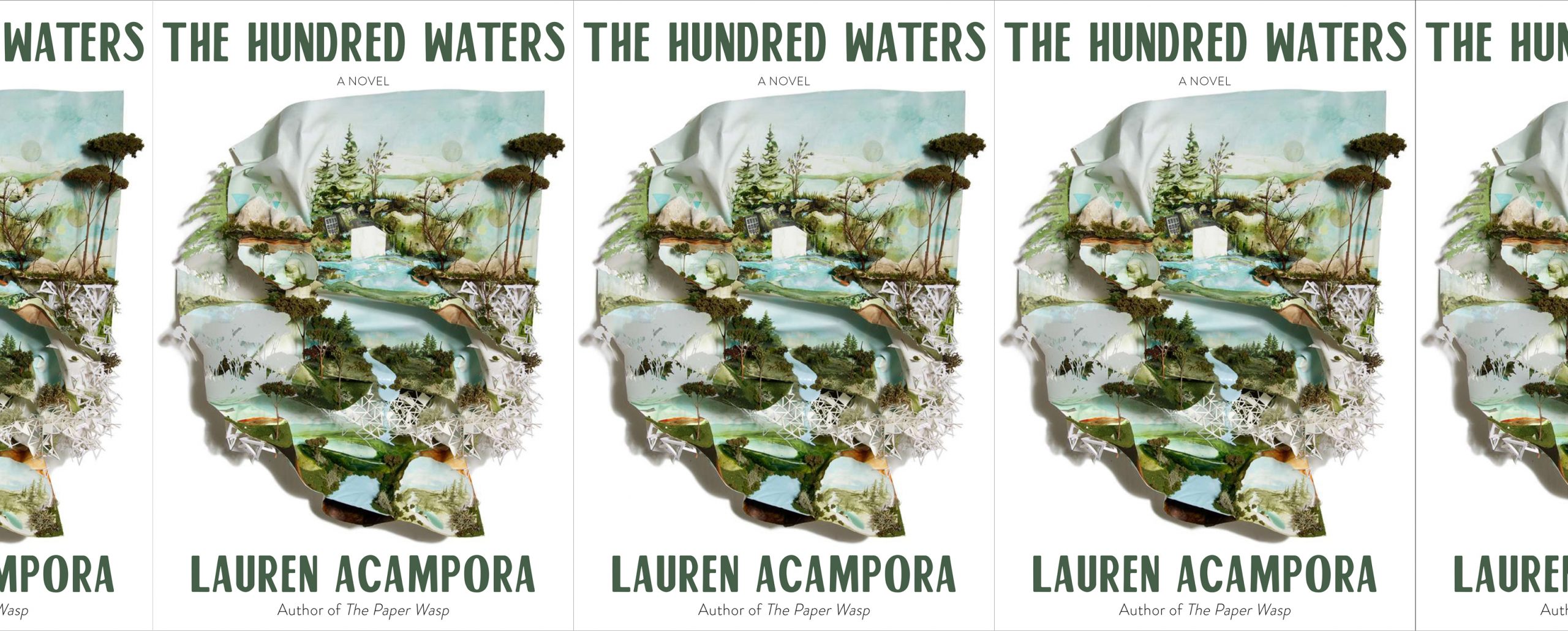 the book cover for The Hundred Waters, featuring a crumpled paper with a painting of a pastoral scene