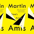 the book cover for Time's Arrow, featuring yellow and black arrows against a yellow background