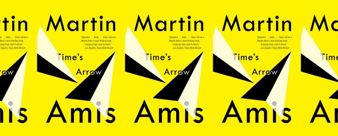 the book cover for Time's Arrow, featuring yellow and black arrows against a yellow background