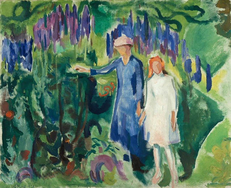 a painting of a woman and a young girl walking in a garden