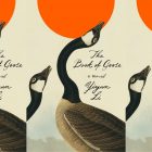 the book cover for The Book of Goose, featuring an illustration of two geese and a red circle in the sky