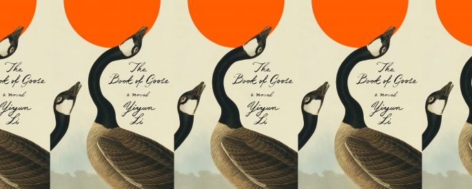 the book cover for The Book of Goose, featuring an illustration of two geese and a red circle in the sky