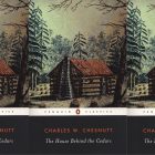the book cover for The House Behind the Cedars, featuring an illustration of a log cabin in the woods