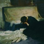 a painting of a young woman crying over a trunk at the foot of her bed, a white dress and shoes lying next to her