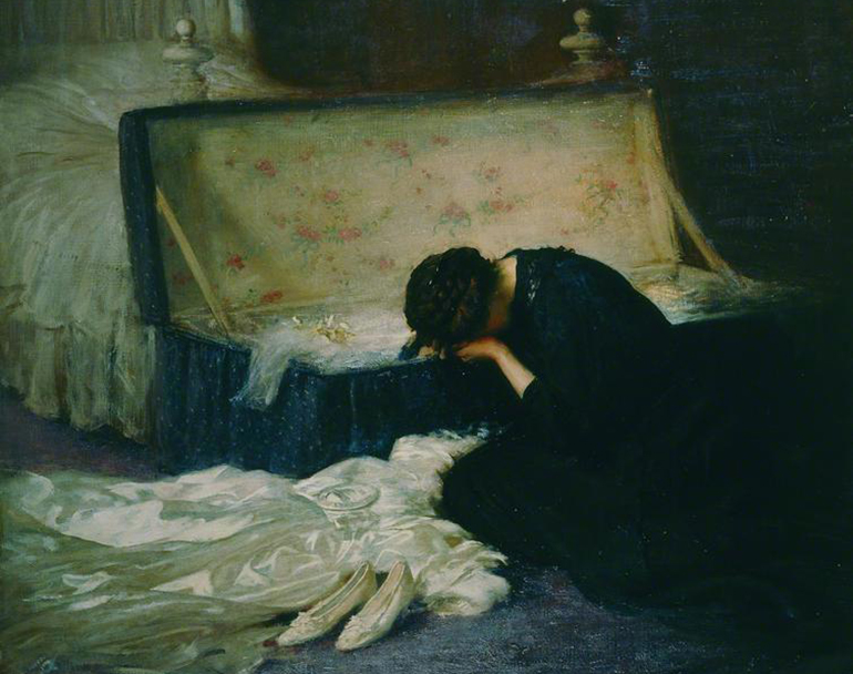 a painting of a young woman crying over a trunk at the foot of her bed, a white dress and shoes lying next to her