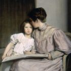 a painting of a woman kissing a child on the head as they read a book together