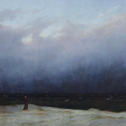 a painting of a man in the distance standing in front of a darkened sea