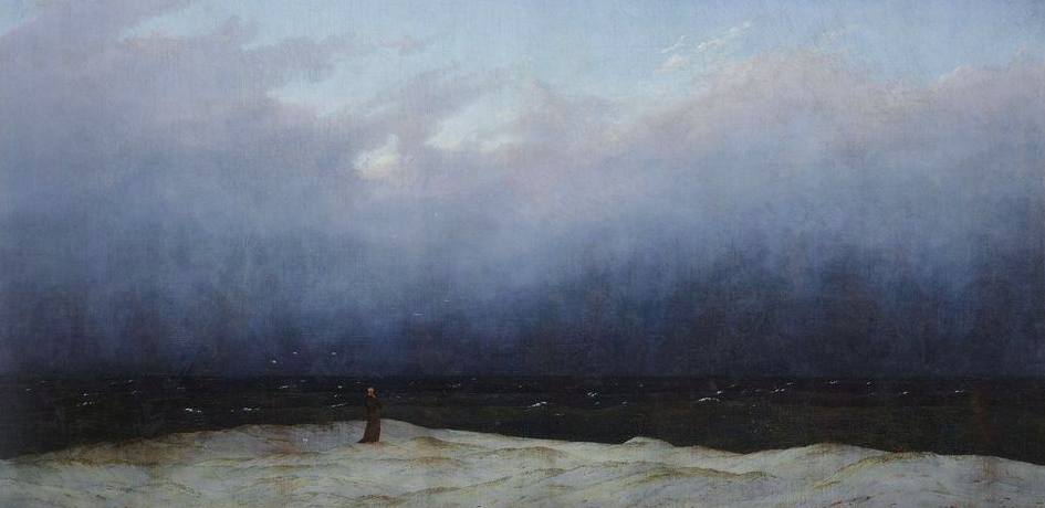 una pintura de un hombre en la distancia parado frente a un mar nublado