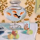 a painting of fish in a fish bowl on a countertop strewn with other objects