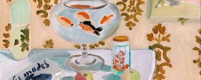a painting of fish in a fish bowl on a countertop strewn with other objects