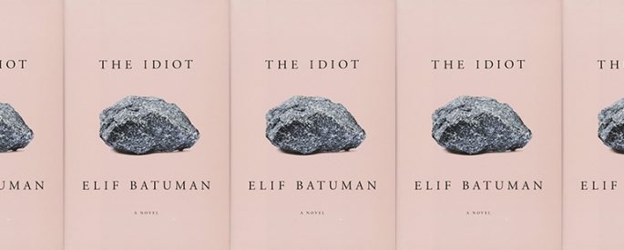the book cover for The Idiot, featuring a pink background and an image of a rock