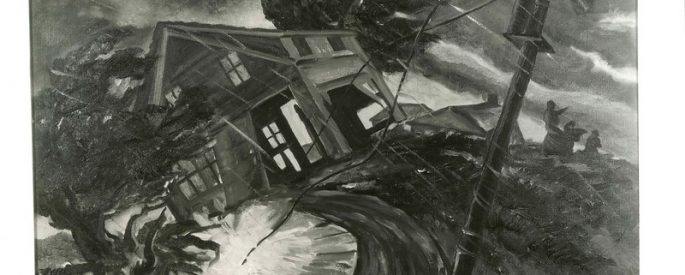 a black and white painting of a house being blown over in a storm