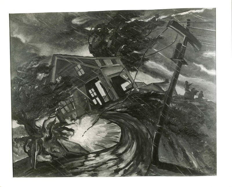 a black and white painting of a house being blown over in a storm