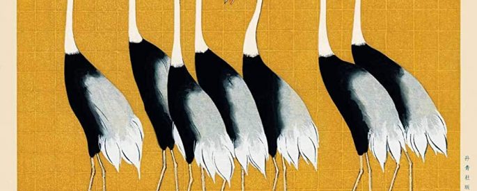 a painting of a flock of cranes walking against a gold background