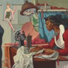 a painting of a Black woman sewing a large project