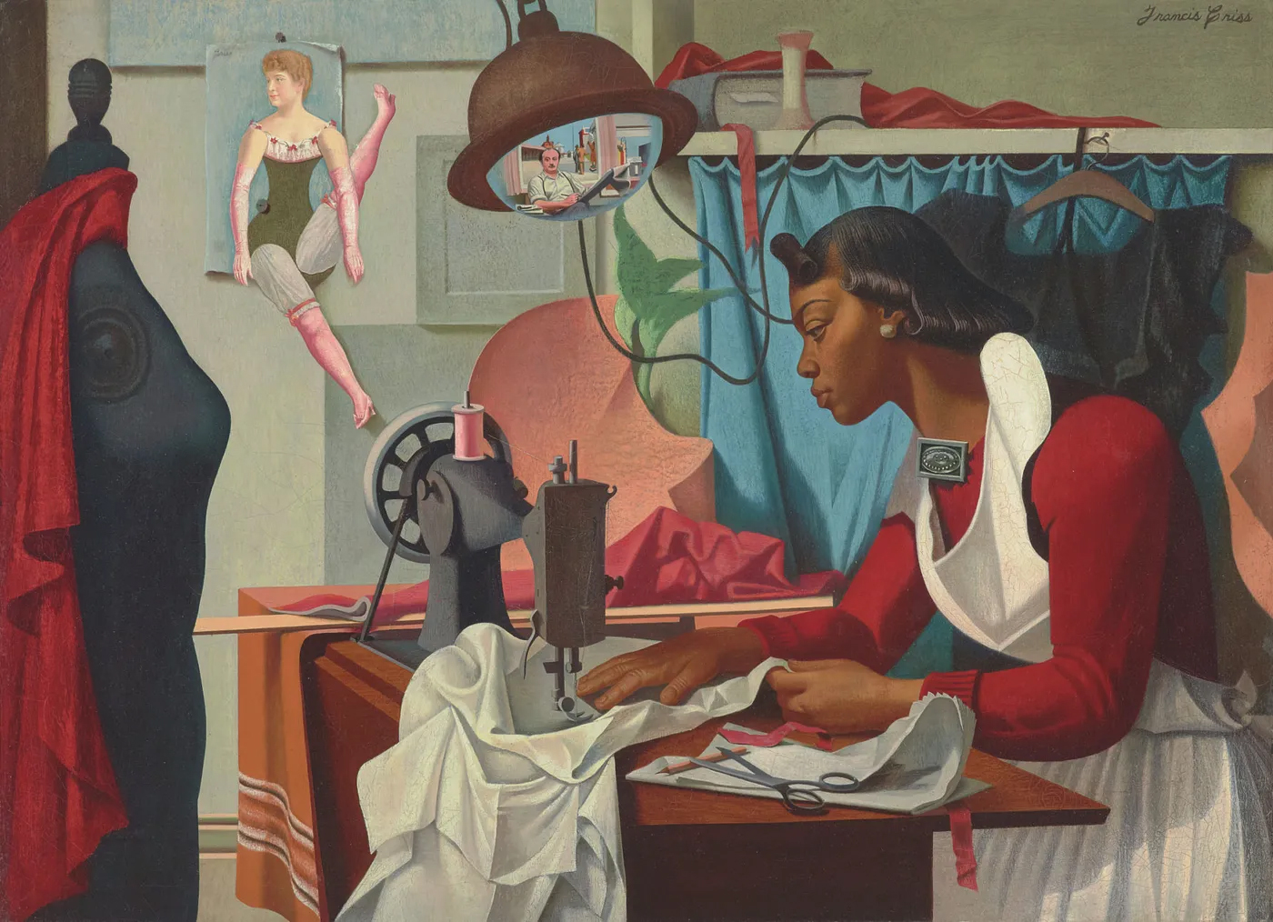 a painting of a Black woman sewing a large project