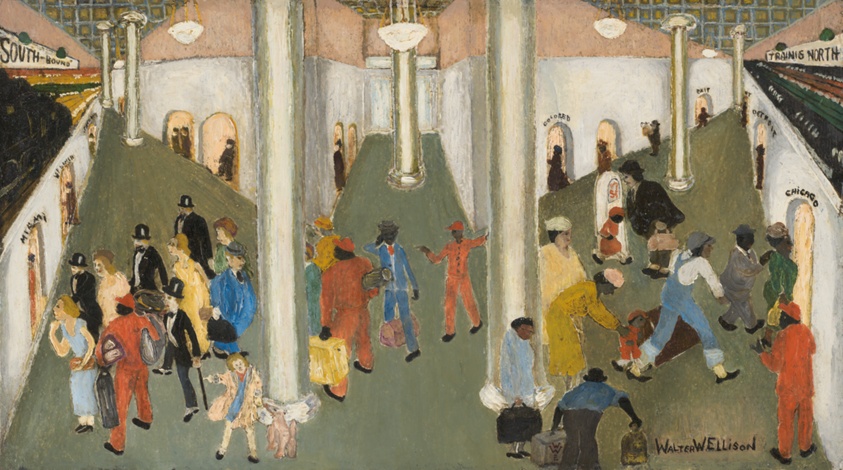 a painting of a train station in the 1930s, with black porters assisting white passengers